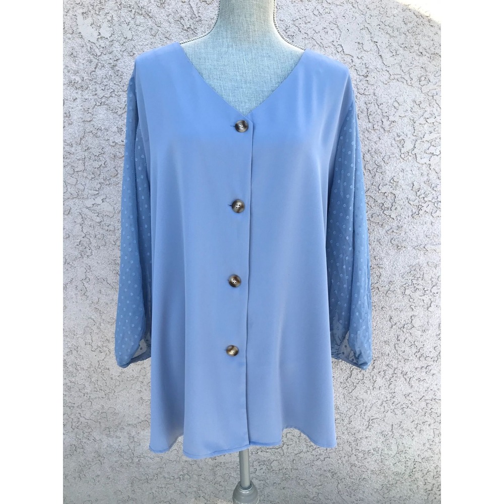 Womens NWT Blue Polkadot Sleeve Casual Button Down Blouse Top - 3X - Picture 2 of 7